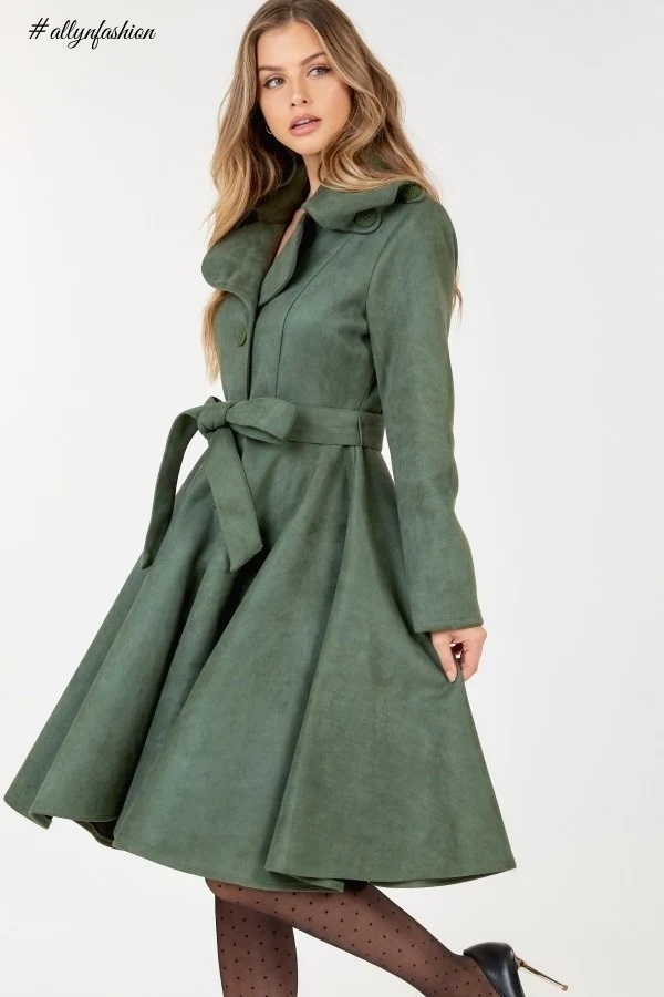 Olive Button Tacking Collar A Line Suede Coat