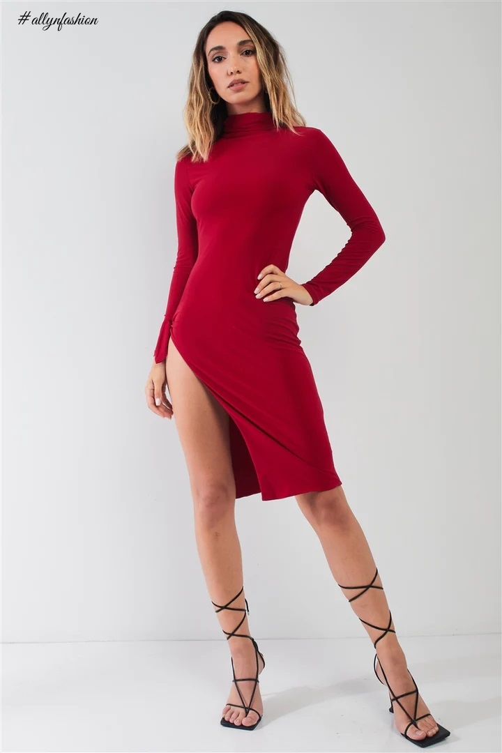 Passion Red Turtle Neck Long Sleeve Super Deep Side Slit With Tie Detail Midi Dress