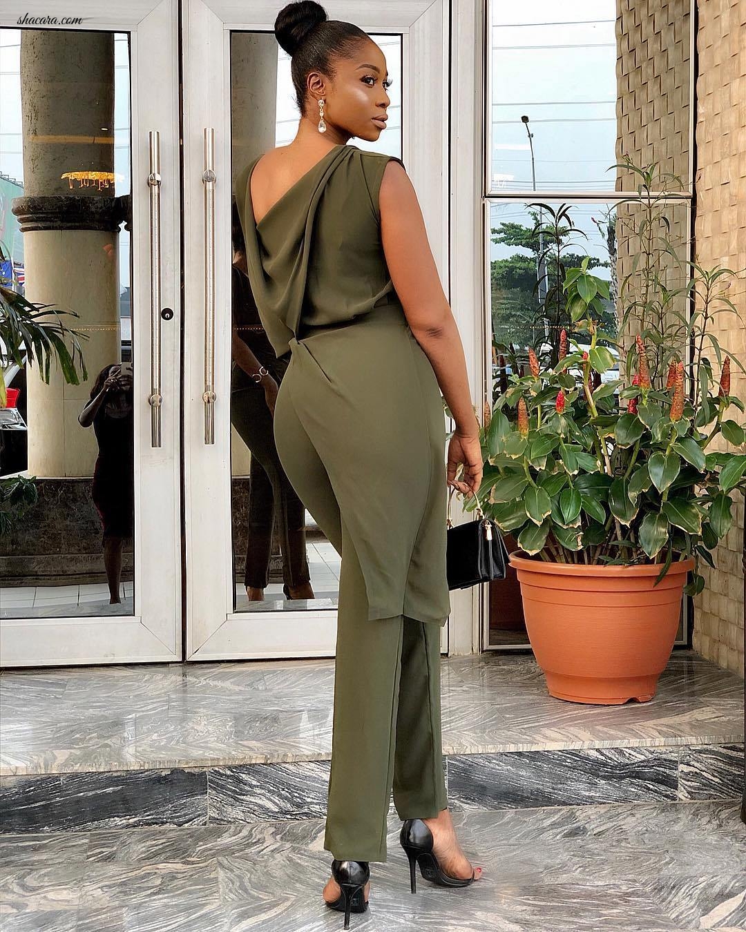Lilian Afegbai Rocks A Ballerina Bun While Looking Impossibly Chic In Army Green