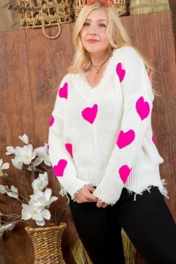 Neon Fuchsia Heart Print Distressed V Neck Long Sleeve Sweater