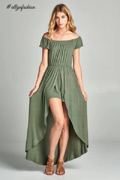 Olive Off Shoulder Solid Jersey Romper Maxi